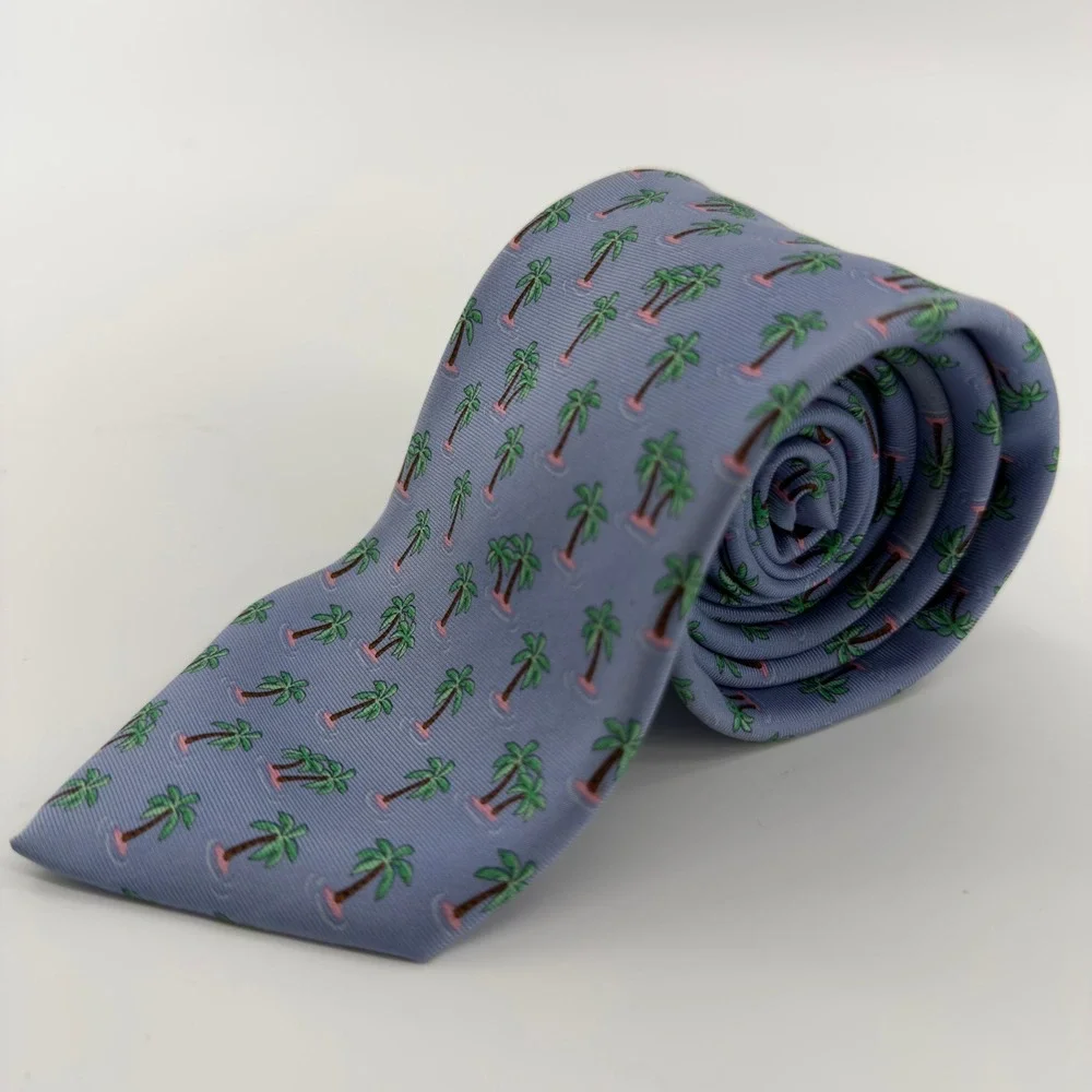 Brooks Brothers Mens Silk Tie Light Blue Palm Tree Tropical Island Print Necktie